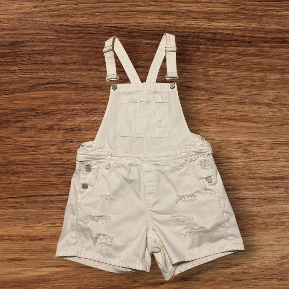 White Distressed Short Overalls NWOT Size 16